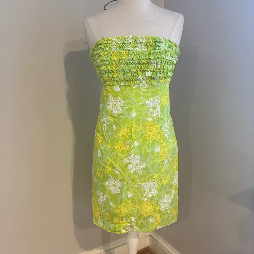 Lilly Pulitzer Franco strapless dress in "Seaweed Green Perennial Bloomer" print